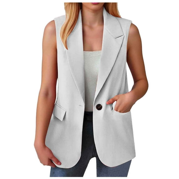 YDFCWXW Women's Summer Sleeveless Vest Tops Fashion Casual Open Front Cardigan Button Collared Work Office Blazers with Pockets White, XXL