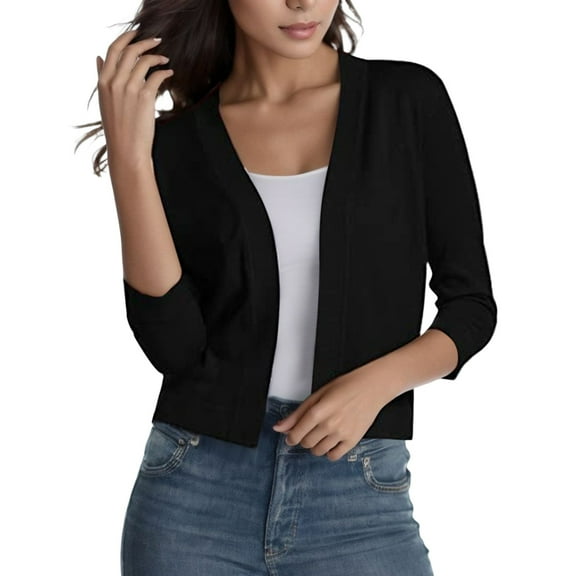YDFCWXW Women's Thin Shrugs 3/4 Sleeve Lightweight Cropped Tops Open Front Cardigan for Dress Black, M