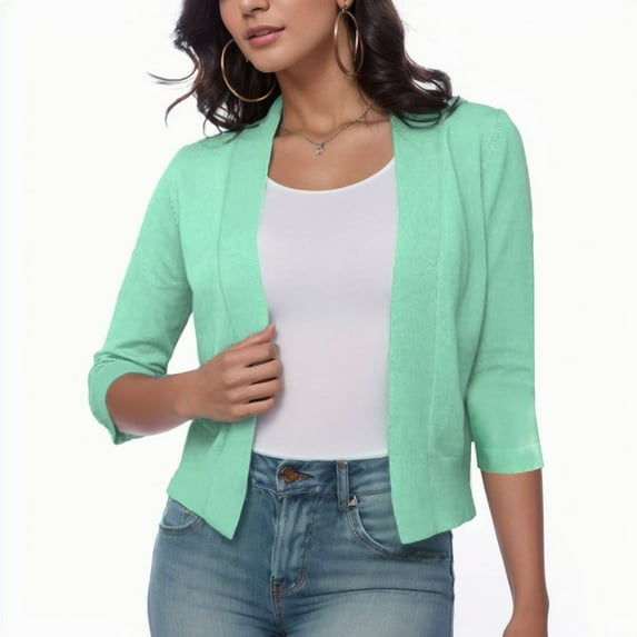 YDFCWXW Women's Thin Shrugs 3/4 Sleeve Lightweight Cropped Tops Open Front Cardigan for Dress Mint Green, L