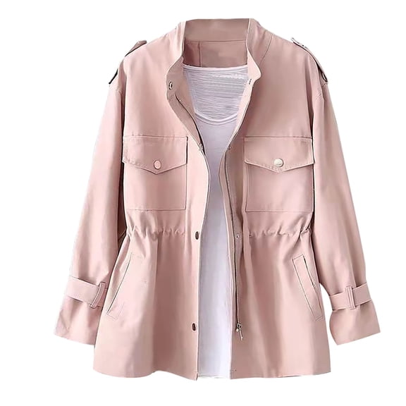 YDFCWXW Women's Trench Coat Solid Color Jacket Loose Waist Windbreaker With Pockets Pink, XL