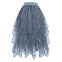 YDFCWXW Women's Tulle Skirt Formal High Low Asymmetrical Midi Length Elastic Waist Tutu Layered Puffy Fairy Skirts Blue, XL