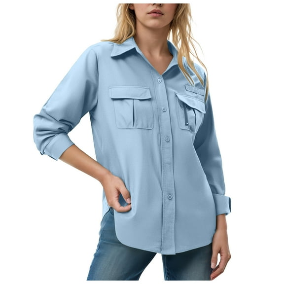 YDFCWXW Women's UPF 50 Long Sleeve Button Down Sun Protection Shirts Fishing Hiking Blouses Tops (Sky Blue, M)