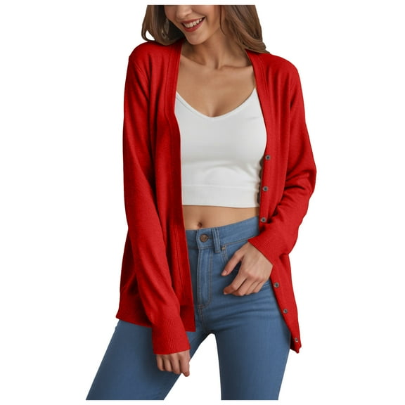 YDFCWXW Women's V Neck Button Down Knitwear Long Sleeve Soft Basic Knit Cardigan Sweater Fall Outfits (Red, M)