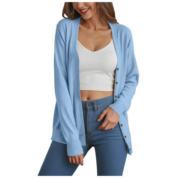 YDFCWXW Women's V Neck Button Down Knitwear Long Sleeve Soft Basic Knit Cardigan Sweater Fall Outfits (Sky Blue, L)