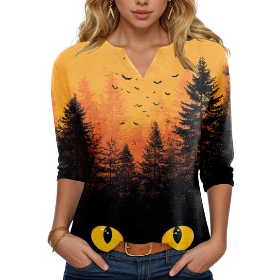 YDFCWXW Women's V-Neck Halloween Print T-Shirt - 3/4 Sleeve Casual Gothic Tee for Spooky Season Gold, S