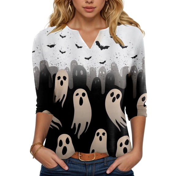 YDFCWXW Women's V-Neck Halloween Print T-Shirt - 3/4 Sleeve Casual Gothic Tee for Spooky Season Grey, M