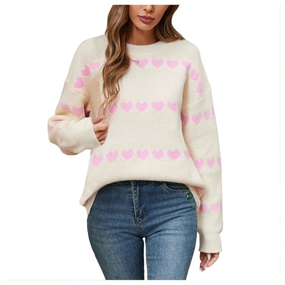 YDFCWXW Women's Valentine Hearts Sweaters Cute Long Sleeve Crewneck Casual Knitted Sweaters Tops Beige, L