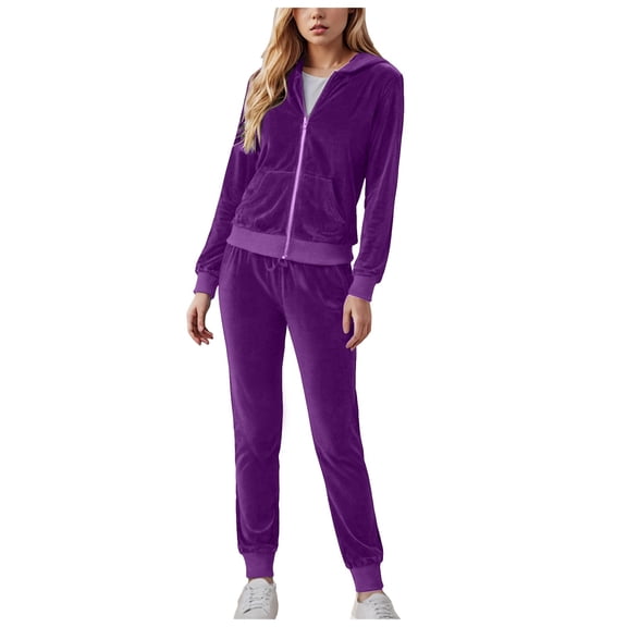 YDFCWXW Women's Velour Tracksuit 2 Piece Full Zip Hooded Sweatsuits Outfits Velvet Sportswear Jogging Set Purple, M