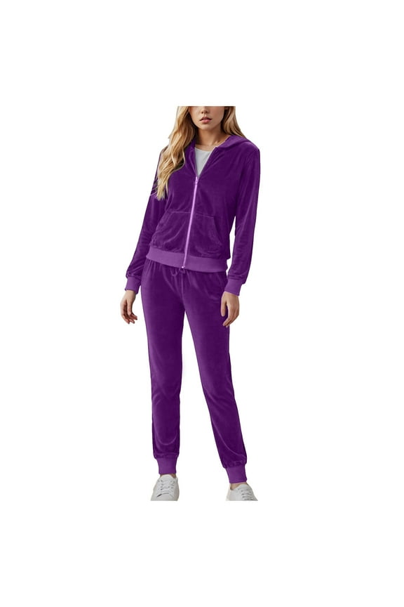 Women's Velour Tracksuit 2 Piece Full Zip Hooded Sweatsuits Outfits Velvet Sportswear Jogging Set Purple, M