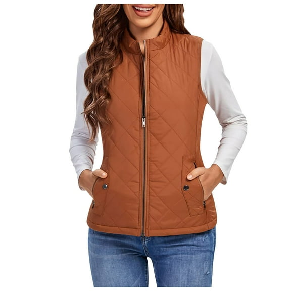YDFCWXW Women's Vest, Quilted Lightweight Zip Pockets Padded Gilet Orange, S