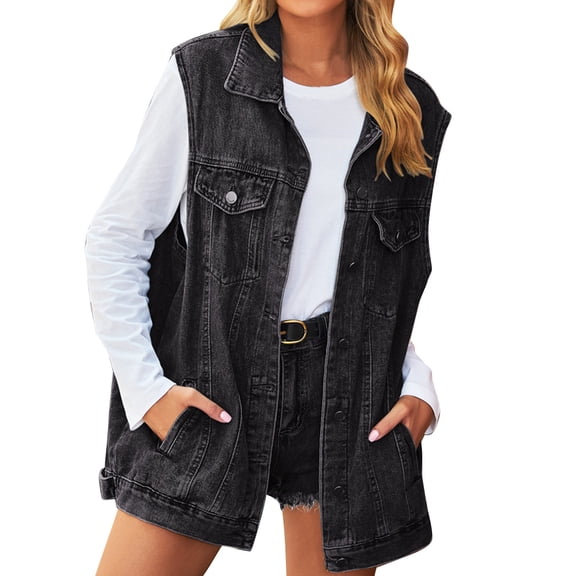 YDFCWXW Women's Vintage Denim Jean Vest Oversized Button Down Jean Waistcoat Gilet Black, S