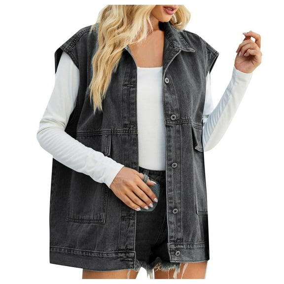 YDFCWXW Women's Vintage Denim Jean Vest Oversized Button Down Jean Waistcoat Gilet Grey, S