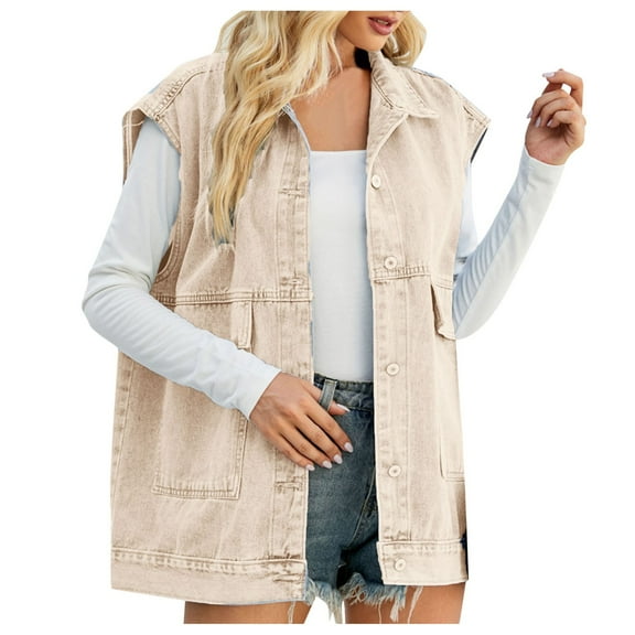 YDFCWXW Women's Vintage Denim Jean Vest Oversized Button Down Jean Waistcoat Gilet Khaki, M