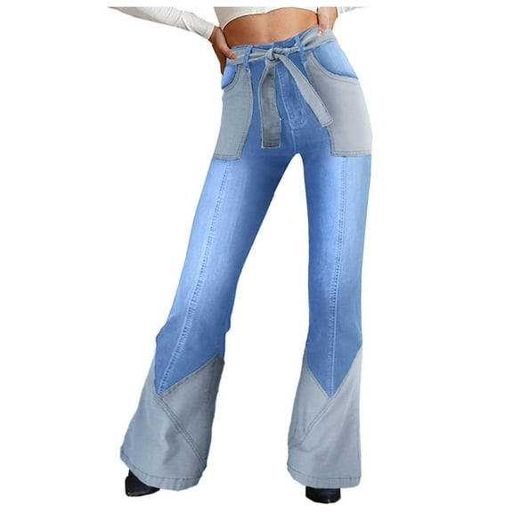 YDFCWXW Women's Vintage High Waisted Stretchy Patchwork Denim Flare Pants Jeans with Belt Pockets Light Blue, XXL