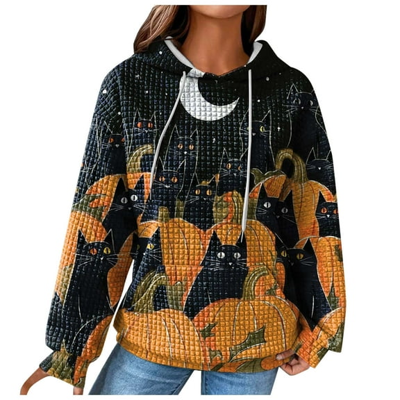 YDFCWXW Women's Waffle Knit Halloween Pullover Hoodie - Cozy Oversized Graphic Print Sweatshirt with Drawstring for Fall Fashion Orange, M