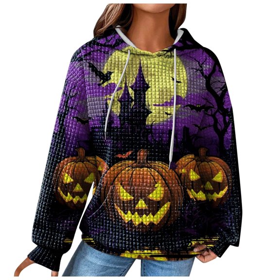 YDFCWXW Women's Waffle Knit Halloween Pullover Hoodie - Cozy Oversized Graphic Print Sweatshirt with Drawstring for Fall Fashion Purple, XXL