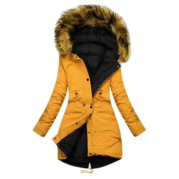YDFCWXW Women's Warm Winter Coat Long Parka Fleece Lined Waterproof Puffer Jacket With Hood Yellow, S