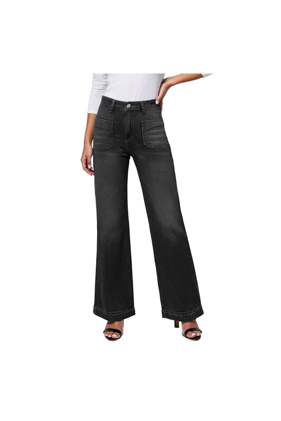 Women's Wide Leg Jeans High Waisted Stretchy Straight Leg Jeans Loose Trendy Denim Y2K Pants with Pocket (Black, L)