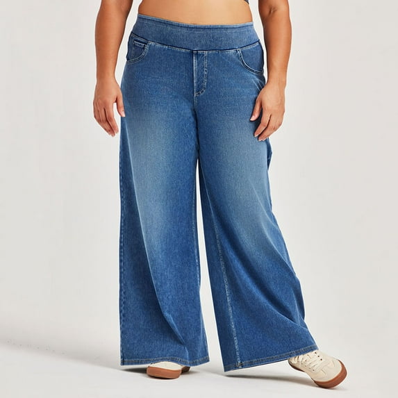 YDFCWXW Women's Wide Leg Jeans with Elastic Waistband - Stretchy Pull-On Baggy Trendy Denim Pants (BU1, XL)