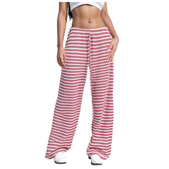 YDFCWXW Women's Wide Leg Pants Striped Elastic High Waisted Casual Knit Palazzo Pants Drawstring Lounge Trousers Pink, M