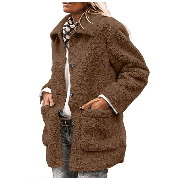 YDFCWXW Women's Winter Faux Fur Coats Long Sleeve Lapel Button Down Pockets Fleece Sherpa Jacket Casual Trendy Outerwear Brown, M