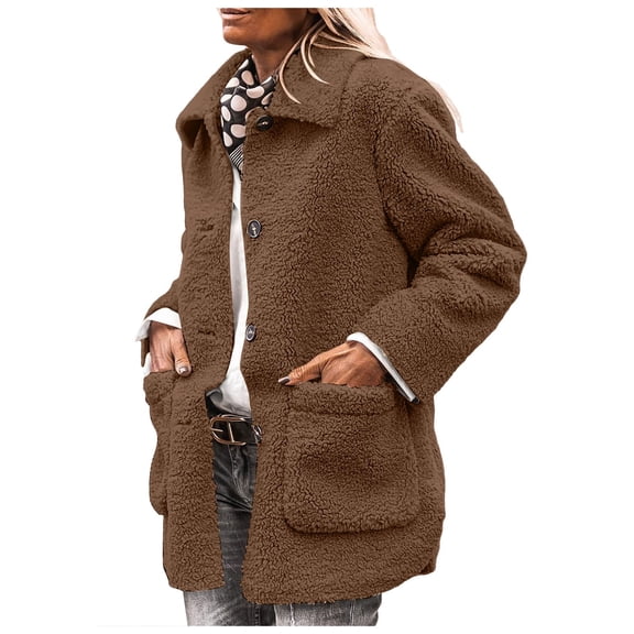 YDFCWXW Women's Winter Fur Coats Long Sleeve Lapel Button Down Pockets Fleece Sherpa Jacket Casual Trendy Outerwear Brown, M