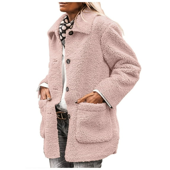 YDFCWXW Women's Winter Fur Coats Long Sleeve Lapel Button Down Pockets Fleece Sherpa Jacket Casual Trendy Outerwear Pink, M
