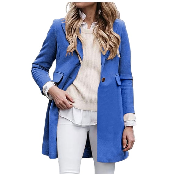 YDFCWXW Women's Winter Wool Blend Pea Coat Single Breasted Lapel Collar Casual Trench Coat Work Business Outerwear (Blue, L)