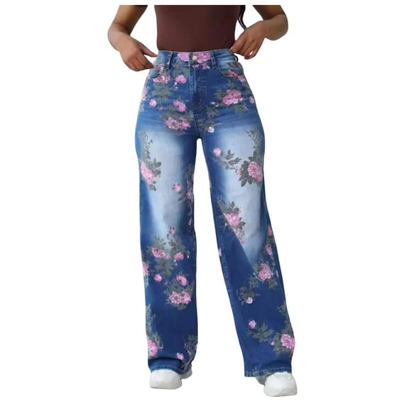 YDFCWXW Women's Y2K Floral Printed Wide Leg Baggy Flowers Jeans for Women Stretch High Waisted Straight Leg Jeans Blue, XL