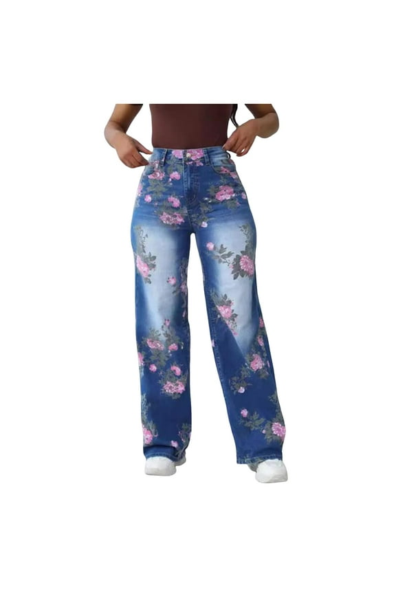 Women's Y2K Floral Printed Wide Leg Baggy Flowers Jeans for Women Stretch High Waisted Straight Leg Jeans Blue, XL