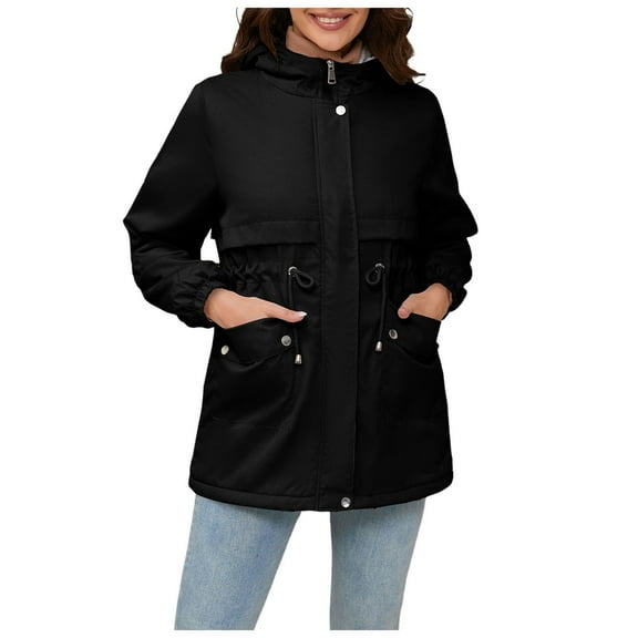 YDFCWXW Women's Zip-up Jacket Snap Fleece Lined Anorak Windbreaker Drawstring Waist Utility Coats Black, M