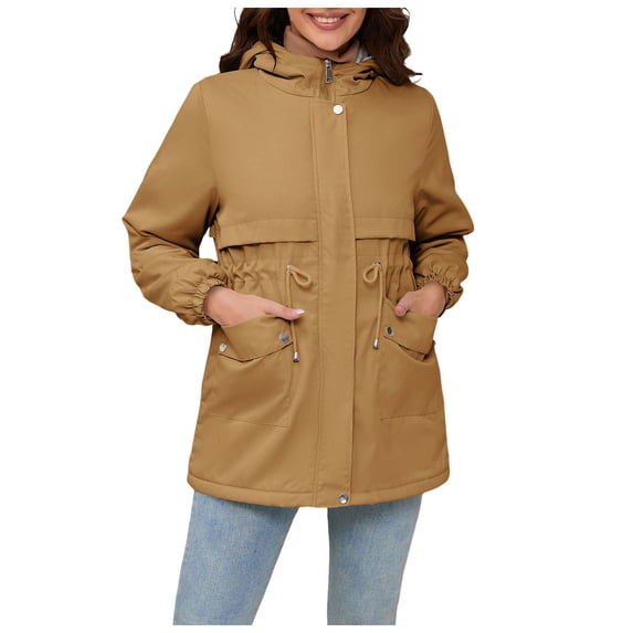 YDFCWXW Women's Zip-up Jacket Snap Fleece Lined Anorak Windbreaker Drawstring Waist Utility Coats Khaki, M