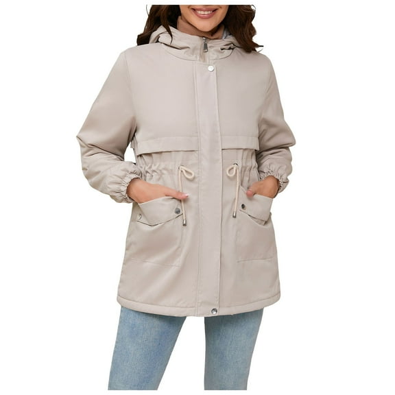 YDFCWXW Women's Zip-up Jacket Snap Fleece Lined Anorak Windbreaker Drawstring Waist Utility Coats White, XL