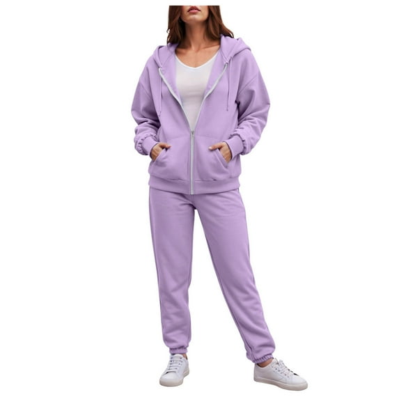 YDFCWXW Womens 2 Piece Outfits Lounge Zip Hoodie Sweatsuit Sets Oversized Sweatshirt Baggy Fall Fashion Sweatpants with Pockets Light Purple, XXL