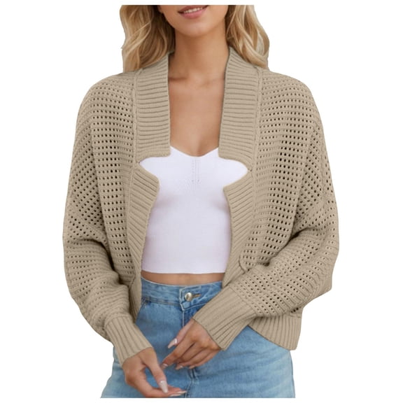 YDFCWXW Womens 2025 Fall Long Sleeve Knit Cardigan Coat Open Front Notch Collar Sweater Blazer Coatigan Jackets Beige, S