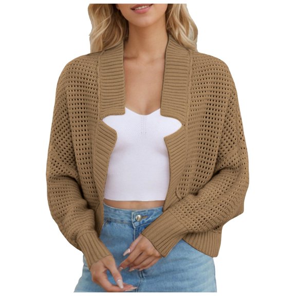 YDFCWXW Womens 2025 Fall Long Sleeve Knit Cardigan Coat Open Front Notch Collar Sweater Blazer Coatigan Jackets Coffee, XL