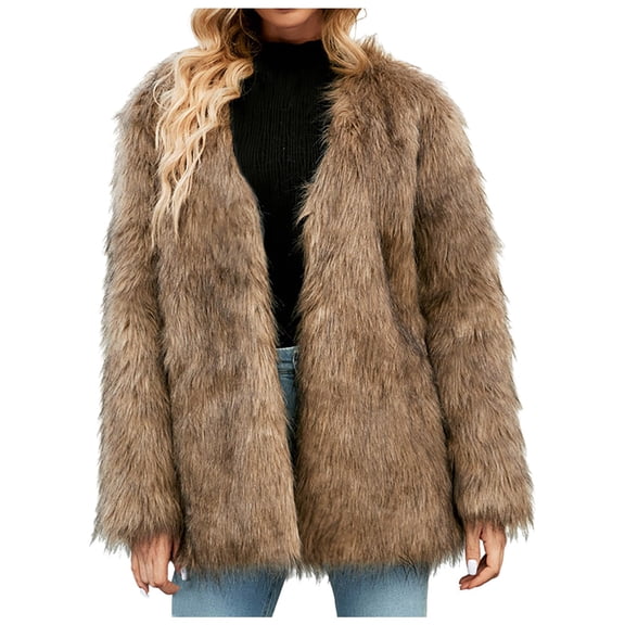 YDFCWXW Womens 2025 Winter Coats Fur Fleece Crop Jacket Long Sleeve Shaggy Warm Outerwear Fall Cardigans Brown, L