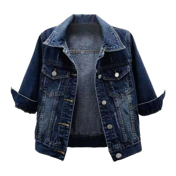 YDFCWXW Womens 3/4 Sleeve Short Denim Jacket Lapel Button Down Cropped Trucker Jean Jackets Coats (Blue, 3XL)