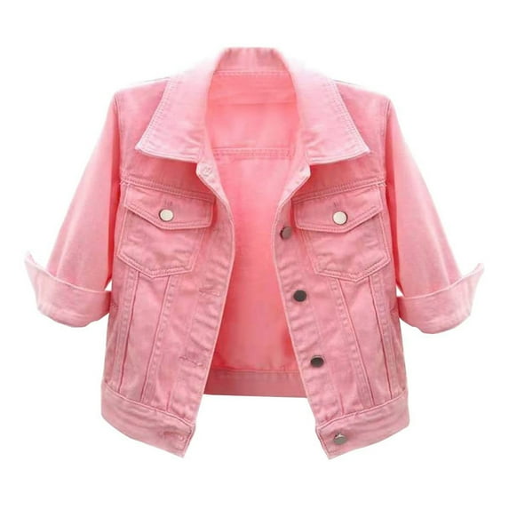 YDFCWXW Womens 3/4 Sleeve Short Denim Jacket Lapel Button Down Cropped Trucker Jean Jackets Coats (Pink, 3XL)