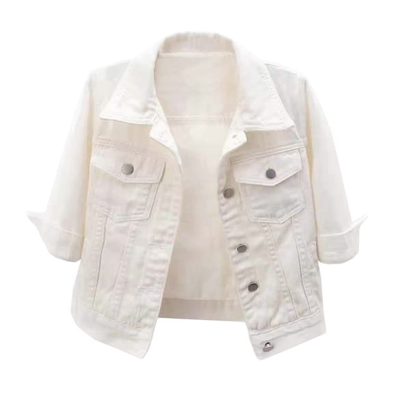 YDFCWXW Womens 3/4 Sleeve Short Denim Jacket Lapel Button Down Cropped Trucker Jean Jackets Coats (White, 3XL)