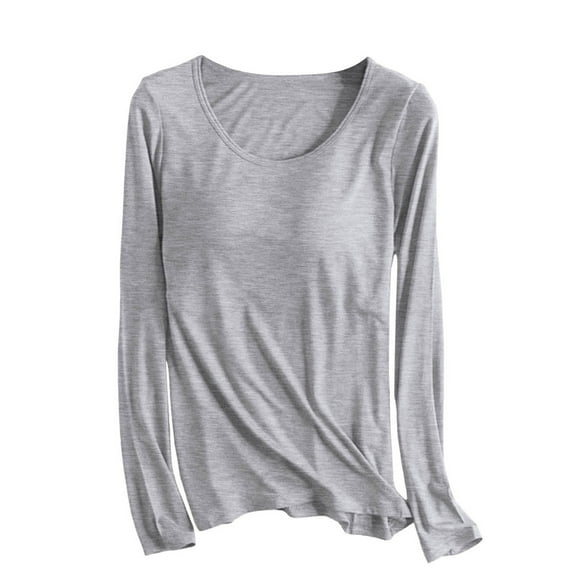 YDFCWXW Womens Basic Long Sleeve Pajama Tops Built in Bra Crew Neck Comfy Slim Fit Stretch Tees Shirts Top Grey, XL