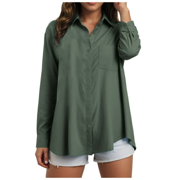 YDFCWXW Womens Button Down Shirts Cotton Dressy Shirts Long Sleeve Work Blouses Collared Tops Tunics with Pocket Dark Green, XXL