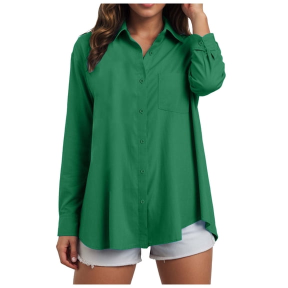 YDFCWXW Womens Button Down Shirts Cotton Dressy Shirts Long Sleeve Work Blouses Collared Tops Tunics with Pocket Green, L