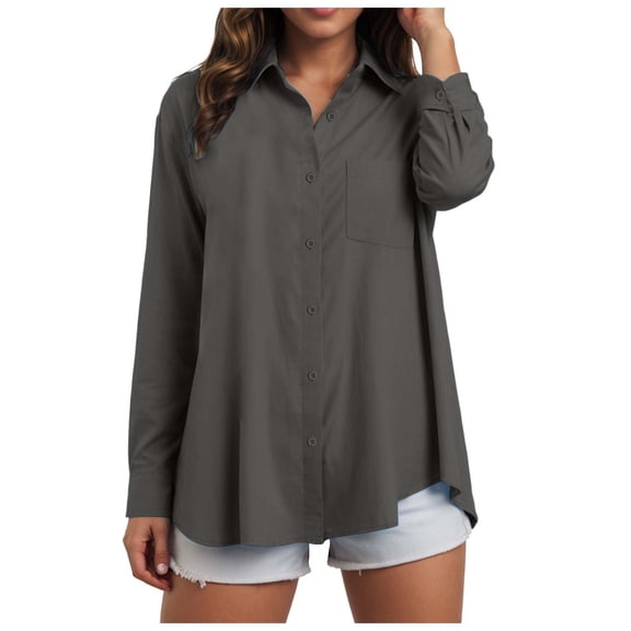 YDFCWXW Womens Button Down Shirts Cotton Dressy Shirts Long Sleeve Work Blouses Collared Tops Tunics with Pocket Grey, 5XL
