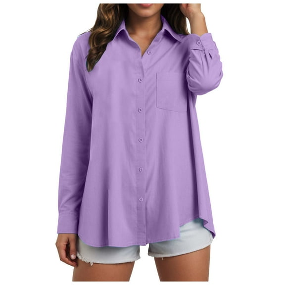 YDFCWXW Womens Button Down Shirts Cotton Dressy Shirts Long Sleeve Work Blouses Collared Tops Tunics with Pocket Light Purple, 4XL