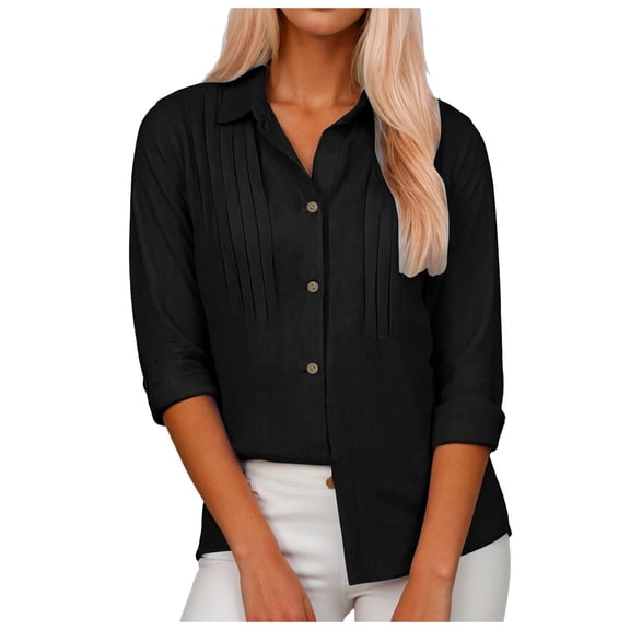 YDFCWXW Womens Button Down Shirts Long Sleeve Dress Shirt Textured Collared Work Blouse Dressy Casual Tops Black, M