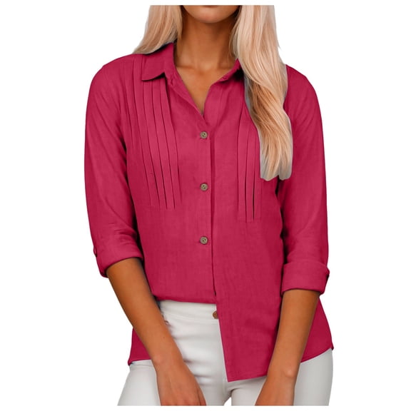 YDFCWXW Womens Button Down Shirts Long Sleeve Dress Shirt Textured Collared Work Blouse Dressy Casual Tops Red, S