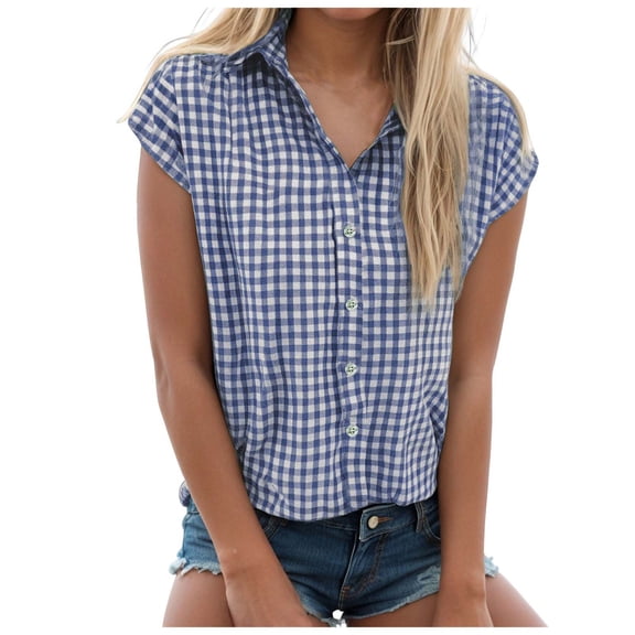 YDFCWXW Womens Button Down Shirts Short Cap Sleeve Summer Cotton V Neck Collared Striped Blouses Casual Plaid Tops Blue, XL