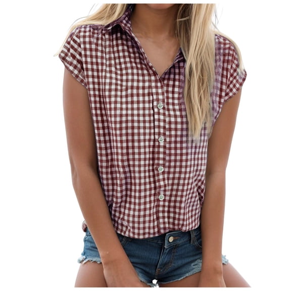 YDFCWXW Womens Button Down Shirts Short Cap Sleeve Summer Cotton V Neck Collared Striped Blouses Casual Plaid Tops Brown, XXL