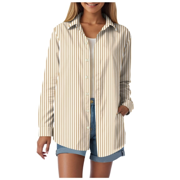 YDFCWXW Womens Button Down Shirts Striped Classic Long Sleeve Collared Office Work Blouses Tops with Pocket (Yellow, 4XL)